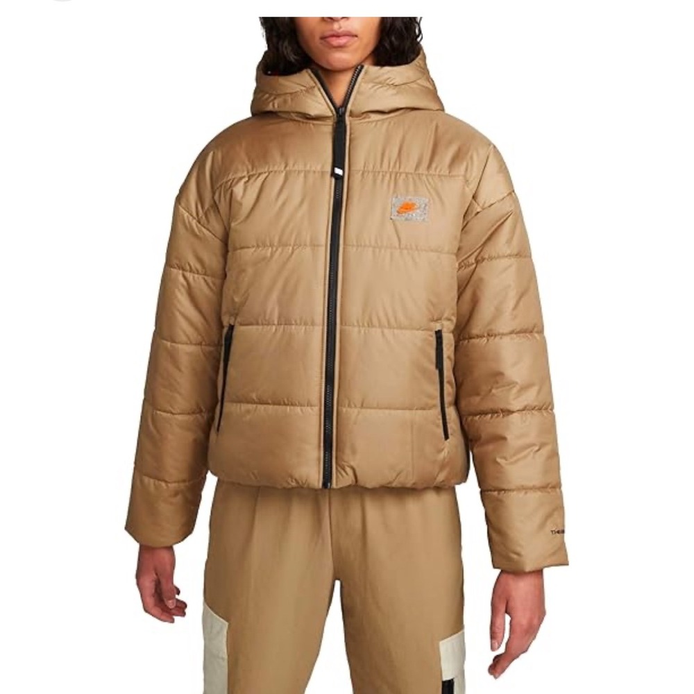 Nike Therma Fit Hooded Puffer Jacket Beige Orange L Women's Winter